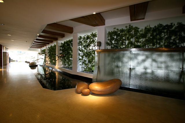 Lobby water feature at dusk
