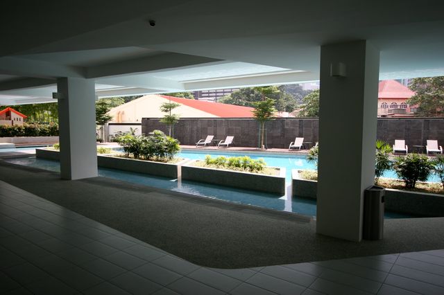 Swimming pool seen from the covered podium